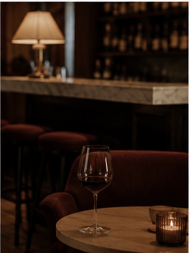 A glass of red wine on a marble table in a warm, candlelit wine lounge