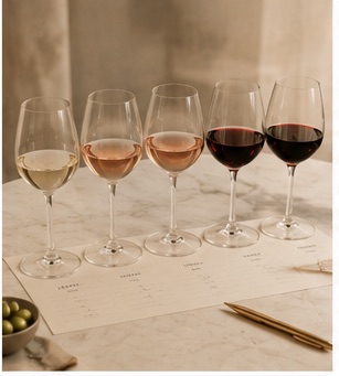 A flight of five wine glasses ranging from white to red, lined up on a marble table