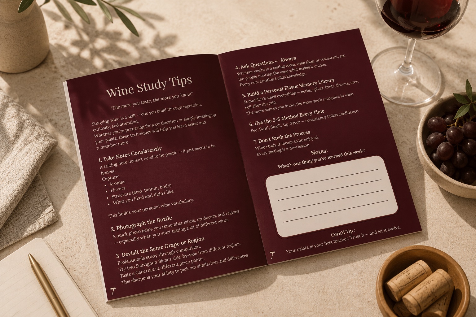 An open Cork’d wine workbook surrounded by a wine glass, grapes, and corks